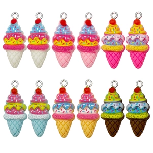 12Pcs resin strawberry ice cream cone charms with multi-layer colors and metal loops