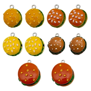Creative mini resin hamburger charms with silver rings for DIY jewelry and keychains