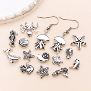 Antique silver marine jewelry set with sea star, seahorse and turtle DIY beads