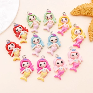 Colorful resin mermaid charms with crowns and metal rings for DIY jewelry making crafts