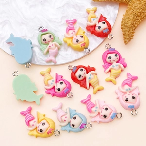 Mix of colorful resin cartoon mermaid pendants with silver rings for DIY jewelry making