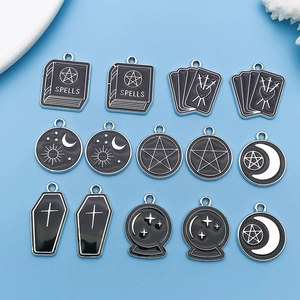 Gothic Enamel Zinc Alloy Tarot Pendants For DIY Jewelry Making Pentagram Moon Star Spell Book Coffin Charms Accessories