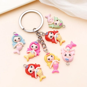DIY colorful cartoon mermaid resin pendants with silver metal keychain accessories