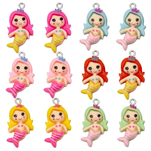 Set of 12 resin cartoon mermaid princess pendants with stars and colorful fishtail designs