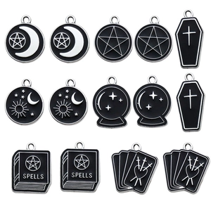 14pcs Gothic black enamel charms set featuring moon, pentagram, and tarot designs for DIY