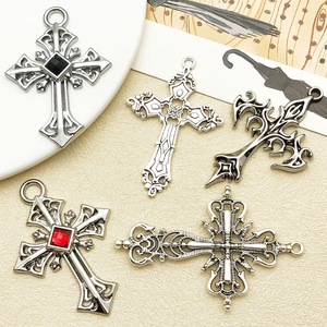 Vintage gothic cross pendants in silver alloy with black and red gemstones for DIY necklaces