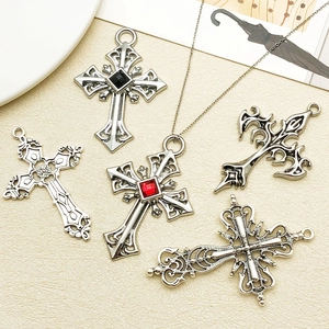 Set of vintage hip-hop zinc alloy cross pendants with gothic floral carvings and gems