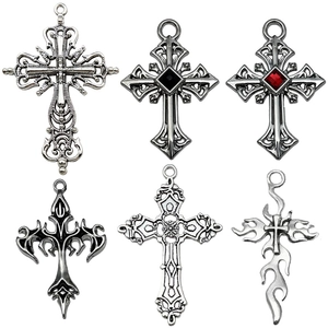 Set of six vintage gothic silver cross pendants with intricate engravings and faux gemstones