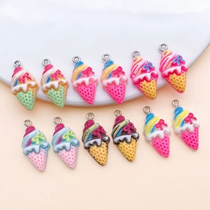 Detailed view of colorful resin ice cream cone charms with silver rings for DIY crafts