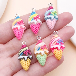 Set of six colorful resin ice cream cone charms with bow details for DIY jewelry making