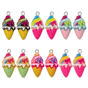 Colorful resin ice cream cone charms with bow details and silver metal hooks for DIY crafts