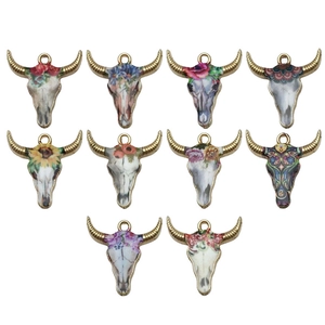 Lot de 10 pendentifs crâne de taureau bohème en alliage avec motifs floraux pour bijoux DIY