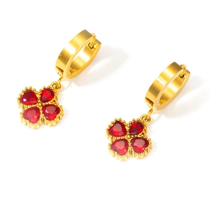 Titanium steel gold-plated earrings with red heart-shaped four-leaf clover crystal charms