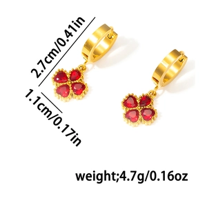 Detail showing dimensions of 18K gold-plated titanium clover earrings with red stones