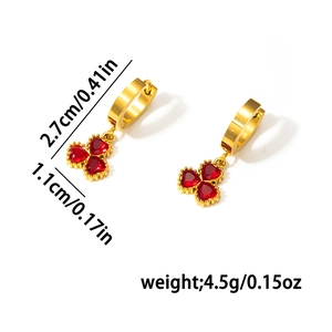 Detail view of 18K gold plated clover earrings with red crystal inlay and dimensions
