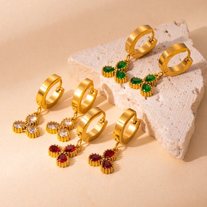 Luxury clover drop earrings set in 18K gold plated steel with green, white, and red zircon