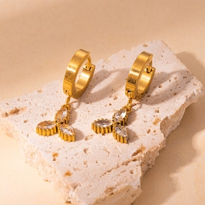 Elegant gold stainless steel hoop earrings with three-leaf marquise zircon stones