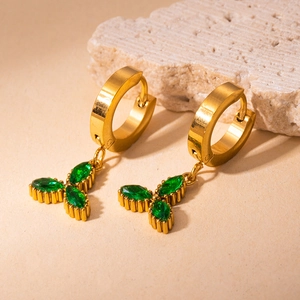 Gold stainless steel hoop earrings with three marquise-cut emerald green zircon petals