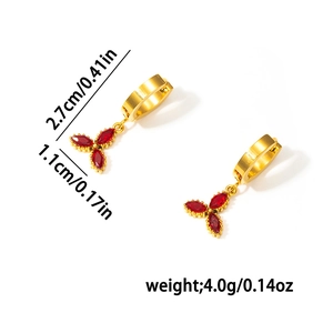 Gold clover earrings with red stones, 2.7cm length and 1.1cm width dimensions shown