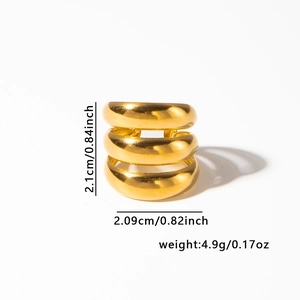 Polished gold stainless steel triple-layered wide ring with dimensional measurements