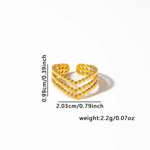 Detailed view of gold plated V-shape layered bead ring with size and weight metrics
