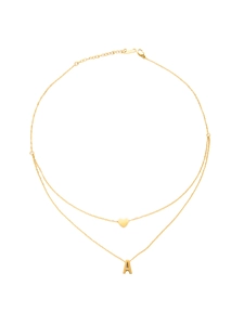 Detailed macro view of gold-plated stainless steel double-layered necklace with letter A pendant
