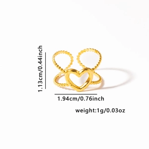 Detail view of golden heart ring with beaded double band showing dimensions and weight