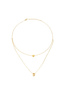 Detail of double-layer gold plated necklace featuring heart and letter D pendants
