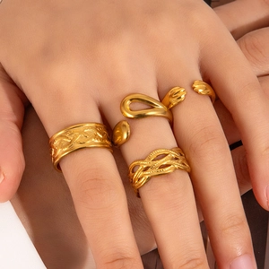 French vintage gold titanium steel ring set with cat paw and braided designs for women