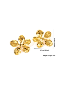Detailed view of large gold plated flower earrings with weight and size specifications