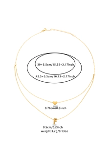 Detailed size specifications for double-layer gold necklace with heart and letter F charms