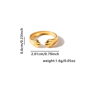 Detailed view of hug-shaped open ring in gold finish with precise measurements