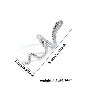 Detailed view of silver snake wrap ring with scale textures and inlaid white crystals