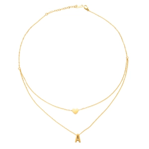 Double-layered 18K gold plated stainless steel necklace featuring heart and letter A charms