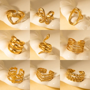 Vintage French Titanium Steel Gold Plated Adjustable Ring For Women Men Minimalist Snake Heart Butterfly Geometric Ring