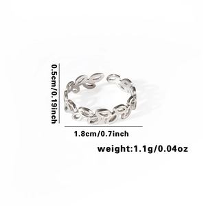 Detailed view of leaf shaped open ring showing 0.5cm width and 1.8cm inner diameter size