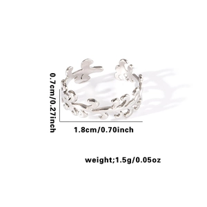Macro shot showing dimensions of adjustable leaf pattern stainless steel ring