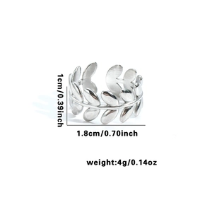 Detail view of silver leaf ring showing 1cm width and 1.8cm diameter specifications