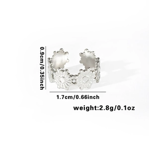 Detail view of silver daisy open ring showing dimensions and floral petal textures