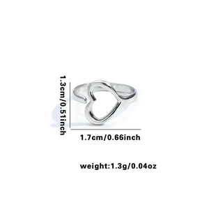 Tableau des tailles détaillé pour bague coeur argentée réglable avec poids et dimensions