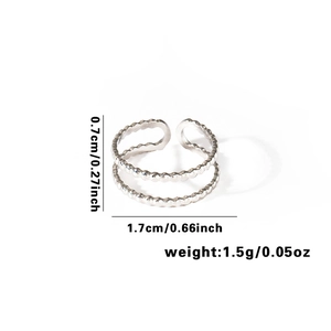 Detailed view of silver open ring showing double-layer beaded texture and dimensions
