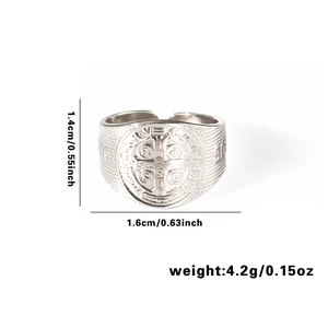 Detailed view of Saint Benedict relief ring with dimensions 1.4cm width and 1.6cm diameter
