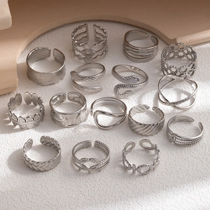 Set di 15 anelli in acciaio inossidabile argento con design a serpente e geometrici regolabili