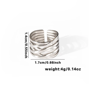 Detail view of woven stainless steel open ring with height and diameter measurements