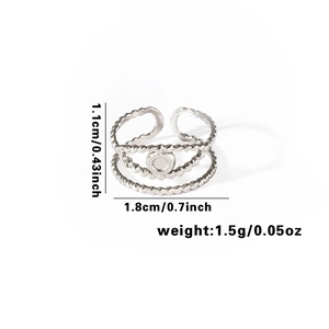 Detailed view of silver beaded double-layer open ring with size measurements in centimeters