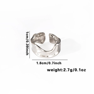 Detailed view of stainless steel open ring with liquid wave design and size measurements