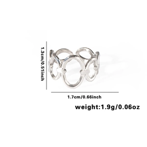 Detail view of silver hollow circle ring showing dimensions 1.3cm height and 1.7cm width