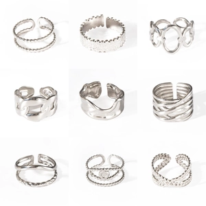 Set de 9 anillos abiertos minimalistas de acero inoxidable plateado con varios diseños