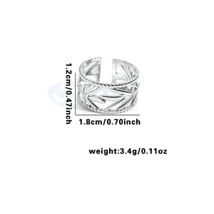 Detail view of 304 stainless steel open ring with palm leaf pattern and dimensions