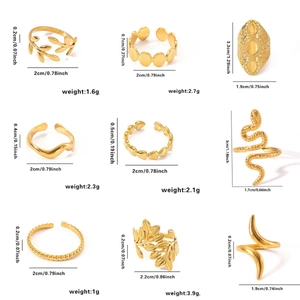 Lot de 9 bagues dorées avec motifs serpent cœur et feuilles de tailles assorties